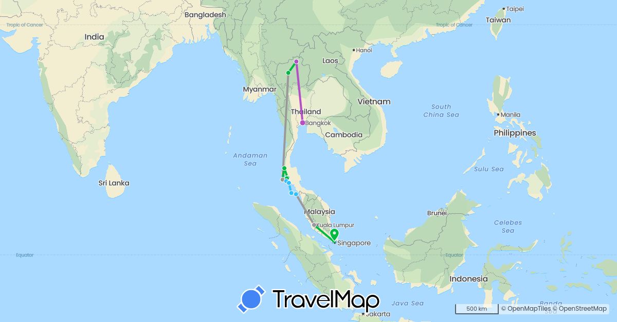 TravelMap itinerary: driving, bus, plane, train, boat in Malaysia, Singapore, Thailand (Asia)